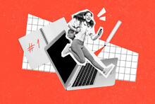 Poster Collage Of Cool Crazy School Girl Jumping Over Netbook Using Web Study Apps Isolated On Colorful Background