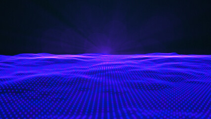 Canvas Print - Blue virtual reality animation glowing luminance laser background, abstract technology horizontal line purple light glow, galaxy geometric internet 80s style wallpaper