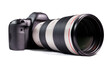 Professional DSLR camera with long telephoto lens on white background