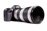 Fototapeta Zwierzęta - Professional DSLR camera with long telephoto lens on white background
