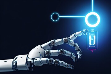 Leinwandbilder - Robot hand presses a button, realistic mock-up of a robot hand on a blue background.