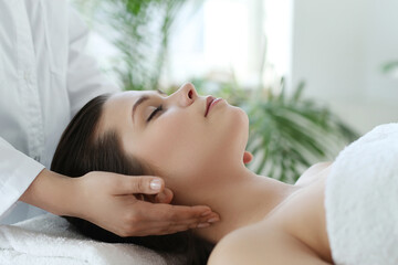 Beautician doing neck massage of young beautiful relaxed woman in spa salon