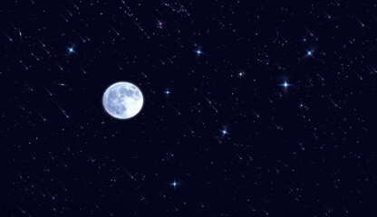 Wall Mural - big moon on night sky nebula and starr fall wind on blue lilac starry sky reflection on sea with pla