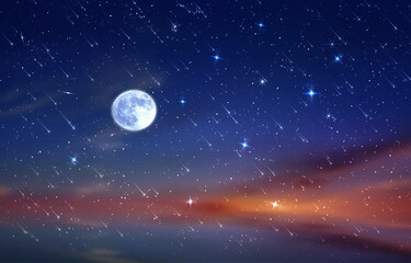 Wall Mural - big moon on night sky nebula and starr fall wind on blue lilac starry sky reflection on sea with pla
