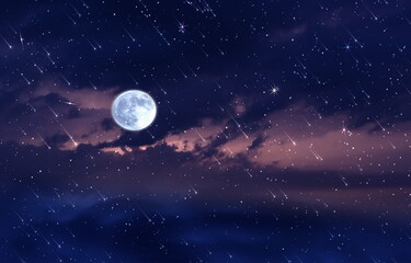 Wall Mural - big moon on night sky nebula and starr fall wind on blue lilac starry sky reflection on sea with pla