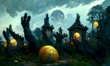 Artistic Painting Concept Of Halloween Background With Pumpkin In A Spooky Graveyard At Night, Natural Color, Digital Art Style, Illustration Painting. Creative Design, Tender And Dreamy Design.