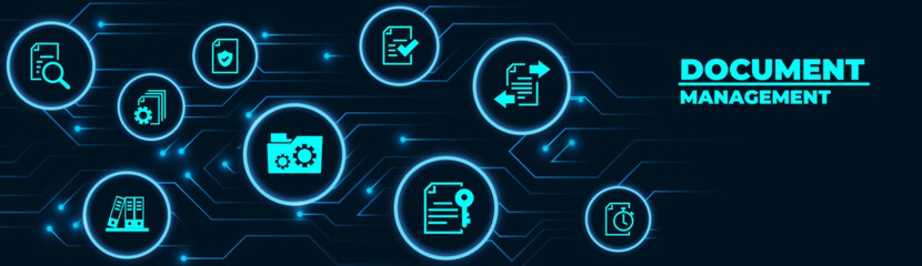 Wall Mural - Document management vector illustration. Blue concept with no people related to digital file storage system and software, corporate records keeping, database technology.