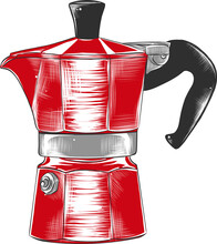 PNG Engraved Style Illustration For Posters, Decoration And Print. Hand Drawn Sketch Of Geyser Coffee Maker In Red Color Isolated On White Background. Detailed Vintage Woodcut Style Drawing.	
