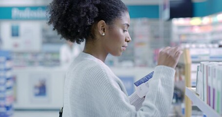 Canvas Print - Pharmacy customer shopping shelf medication in medical drugstore, retail service and store for wellness treatment choice. Black woman reading box label of healthcare medicine, brand product and pills