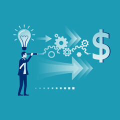 Wall Mural - The path from idea to earnings. Vision business concept. Successful businessman looking in telescope, seeing money future. Vector illustration flat design. Isolated on background. Spyglass in hand.