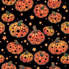 funny halloween seamless pattern of pumpkins decorated with stars