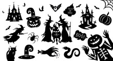 Set Of Black Halloween Silhouettes. Collection Of Halloween Themed Items In Black Bold Graphic Style With Witches, Pumpkins, Scary Characters. Vector Illustration Isolated On White