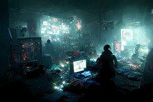 Messy And Dark Cyberpunk Hacker Hideout Room With Cyan Christmas Lights, Neural Network Generated Art, Picture Produced With Ai In Fall 2022
