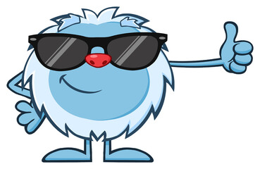 Wall Mural - Cute Little Yeti Cartoon Mascot Character With Sunglasses Holding A Thumb Up. Vector Hand Drawn Illustration Isolated On Transparent Background