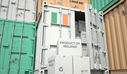 Wall Mural - Cartons with goods from Ireland and shipping containers in the port terminal or warehouse. National production related conceptual 3D rendering