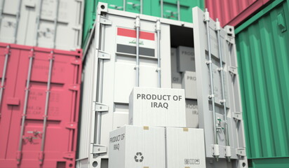 Wall Mural - Boxes with goods from Iraq and cargo containers. National economy related conceptual 3D rendering