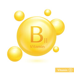 Vitamin B11 L-carnitine. Vitamin complex illustration concept. Golden pill capsule. 3D Yellow drug nutrition design