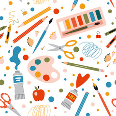 Seamless pattern with art supplies, stationery on a white background, cartoon style. Back to school. Trendy modern vector illustration, hand drawn, flat