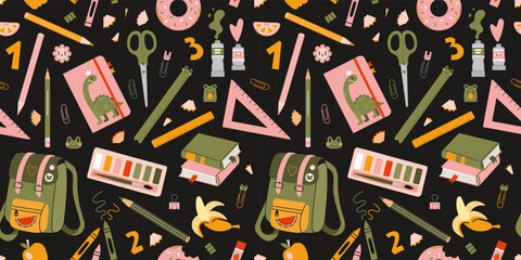 Seamless pattern with school stationery and art supplies on a black background, cartoon style. Back to school. Trendy modern vector illustration, hand drawn, flat