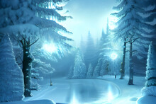 A 3d Digital Rendering Of Snowy Landscape With Snow Covered Trees And An Ice Covered Pond.