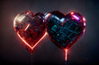 pair of cybernetic glowing decorative hearts on gray background, neural network generated art. Digitally generated image. Not based on any actual scene or pattern.
