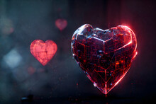 Cyberpunk Neon Shiny And Glowing Hearts On Gray Background, Neural Network Generated Art For Valentines Day. Digitally Generated Painting-like Image. Not Based On Any Actual Scene Or Pattern.