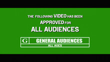 A fake film leader for a movie preview saying that the following video has been approved for all audiences (general). White text, green background with black letterbox.
