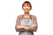 © Syda Productions - cooking, culinary and people concept - happy smiling female chef or waitress in apron with crossed arms over white background