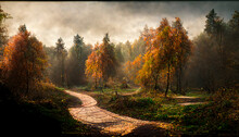 Autumn Forest With Winding Path Digital Art Illustration Painting Hyper Realistic