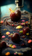 Leinwandbild Motiv Cherries melting into a puddle in a submarine Digital Art Illustration Painting Hyper Realistic