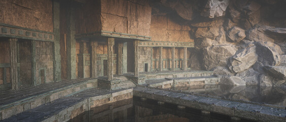 Wall Mural - Wide cinematic 3D rendering of an old underground fantasy temple in a mountain cave.