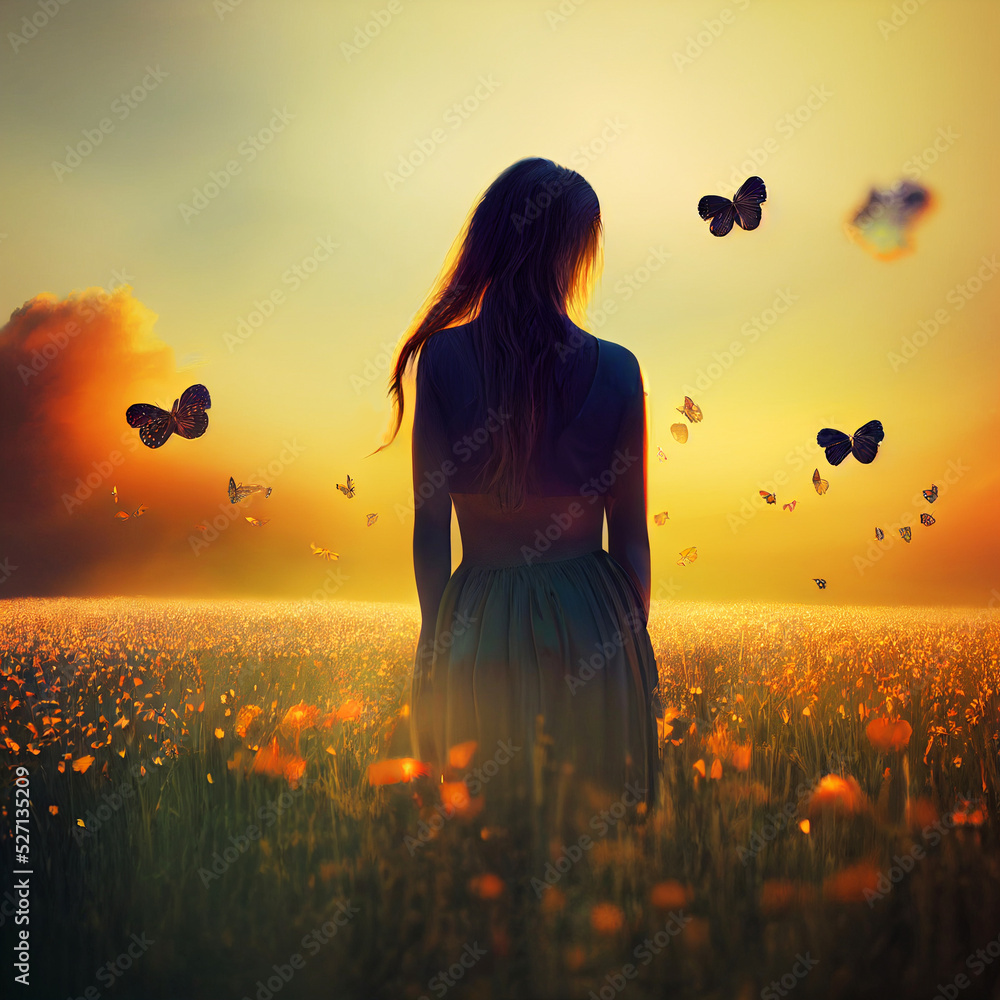 girl on the field with butterflies Stock Illustration | Adobe Stock