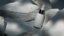 A Glass Dropper Bottle With A Pipette With Black Rubber Tip Of Facial Or Body Cream On The White Background With Concrete Blocks. Nature Skin Concept. Organic Spa Cosmetics. 3d Rendering