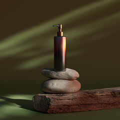 Wall Mural - Chrome liquid soap dispenser on the stones and wood on green background. 3d rendering