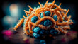 The next Pandemic! High resolution 3D render of a colorful micro organism like a virus, microbe or bacteria. Crazy details with depth of field and bokeh effects in the background.