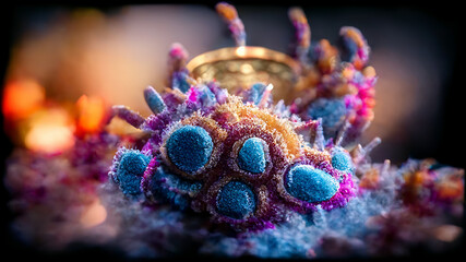 The next Pandemic! High resolution 3D render of a colorful micro organism like a virus, microbe or bacteria. Crazy details with depth of field and bokeh effects in the background.