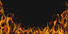 Translucent Fire Flames And Sparks On Transparent Background. For Used On Dark Illustrations. Transparency Only In Vector Format