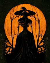 Black Silhouette Of Halloween Witch, Orange Moon Pumpkin, Dead Trees And Cobwebs