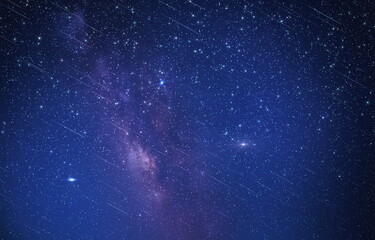 night starry sky comet dust nebula and star fall wind on blue lilac green neon flares cosmic universe template background 