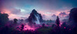 Leinwandbild Motiv a jungle with blue trees pink clouds green lake blue Digital Art Illustration Painting Hyper Realistic