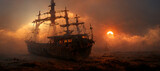 a pirate ship sunset mist sky with a skull Digital Art Illustration Painting Hyper Realistic