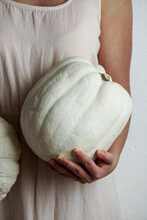 White Pumpkin In The Female Hands, Thanksgiving And Halloween Concept