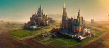 Isometric Land With A Steampunk Castle Farmed Land Digital Art Illustration Painting Hyper Realistic