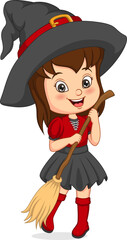 Wall Mural - Cartoon little girl wearing halloween witch costume