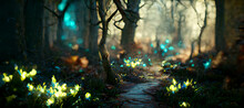 Morgana Le Fey Walking Through Woods Vivid Colors Digital Art Illustration Painting Hyper Realistic