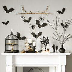 Modern interior decor for Halloween. 3d rendering. The white fireplace is festively decorated with a cage, bats and spiders.