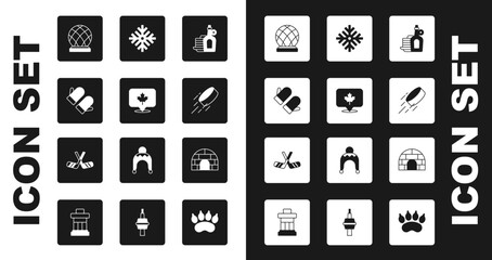 Wall Mural - Set Syrup with pancakes, Canadian maple leaf, Christmas mitten, Montreal Biosphere, Hockey puck, Snowflake, Igloo ice house and Ice hockey sticks icon. Vector