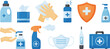 Disinfect gel bottle, alcogol spray and soap, antiseptic medical vector icon, antibacterial liquid, protective mask, wet wipes. PPE set. Medicine illustration