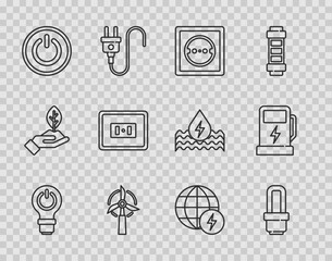 Wall Mural - Set line Light bulb with lightning, LED, Electrical outlet, Wind turbine, Power button, Global energy power planet and car charging station icon. Vector