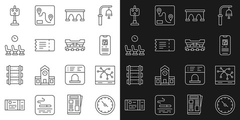 Sticker - Set line Train station clock, Railway map, E-ticket train, Bridge for, Waiting room, traffic light and Cargo wagon icon. Vector